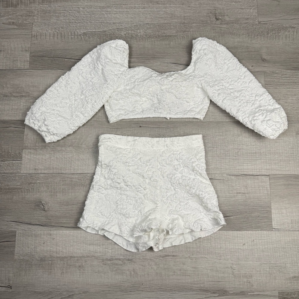 White Textured Puff Sleeve Crop Top & Shorts Set Size Small Cottagecore Bridal
